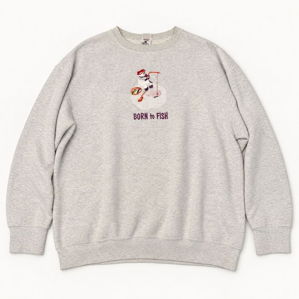 Fruit of the Loom BEST Born to Fish Sweatshirt XXL Gray Fishing Embroidered